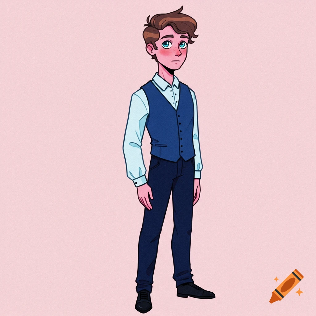 Cartoon young man in blue vest, white shirt, and dark pants against pink background.