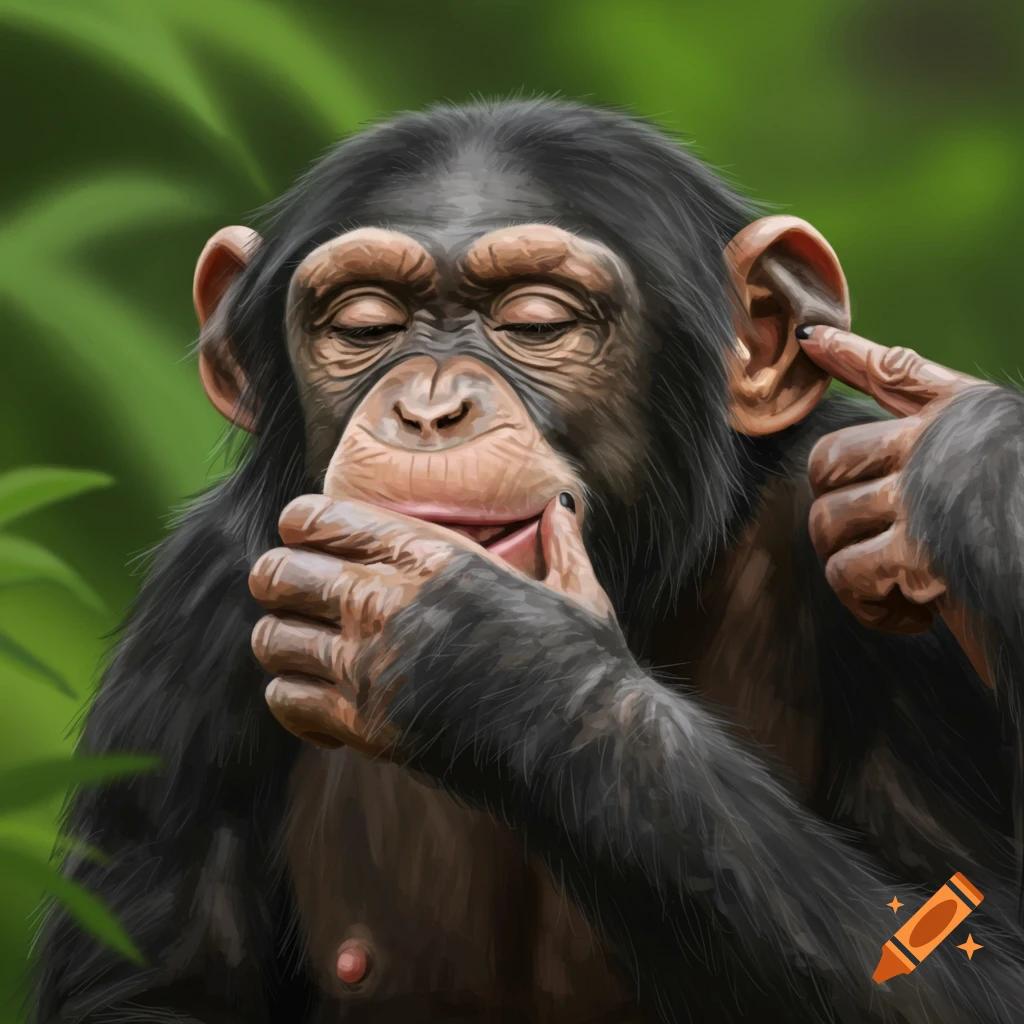 A chimpanzee is giggling, covering its mouth and poking its ear.