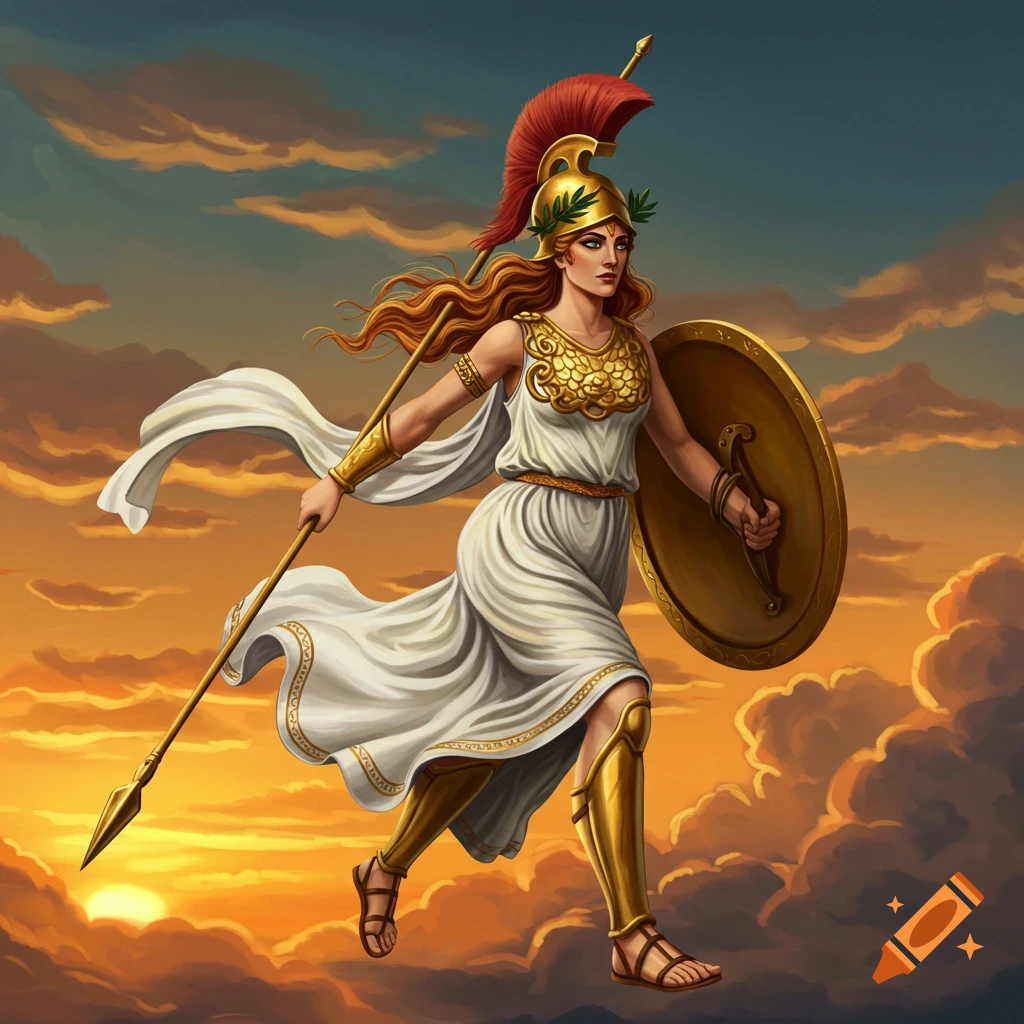 Greek goddess Athena running with a spear and shield against a sunset sky.