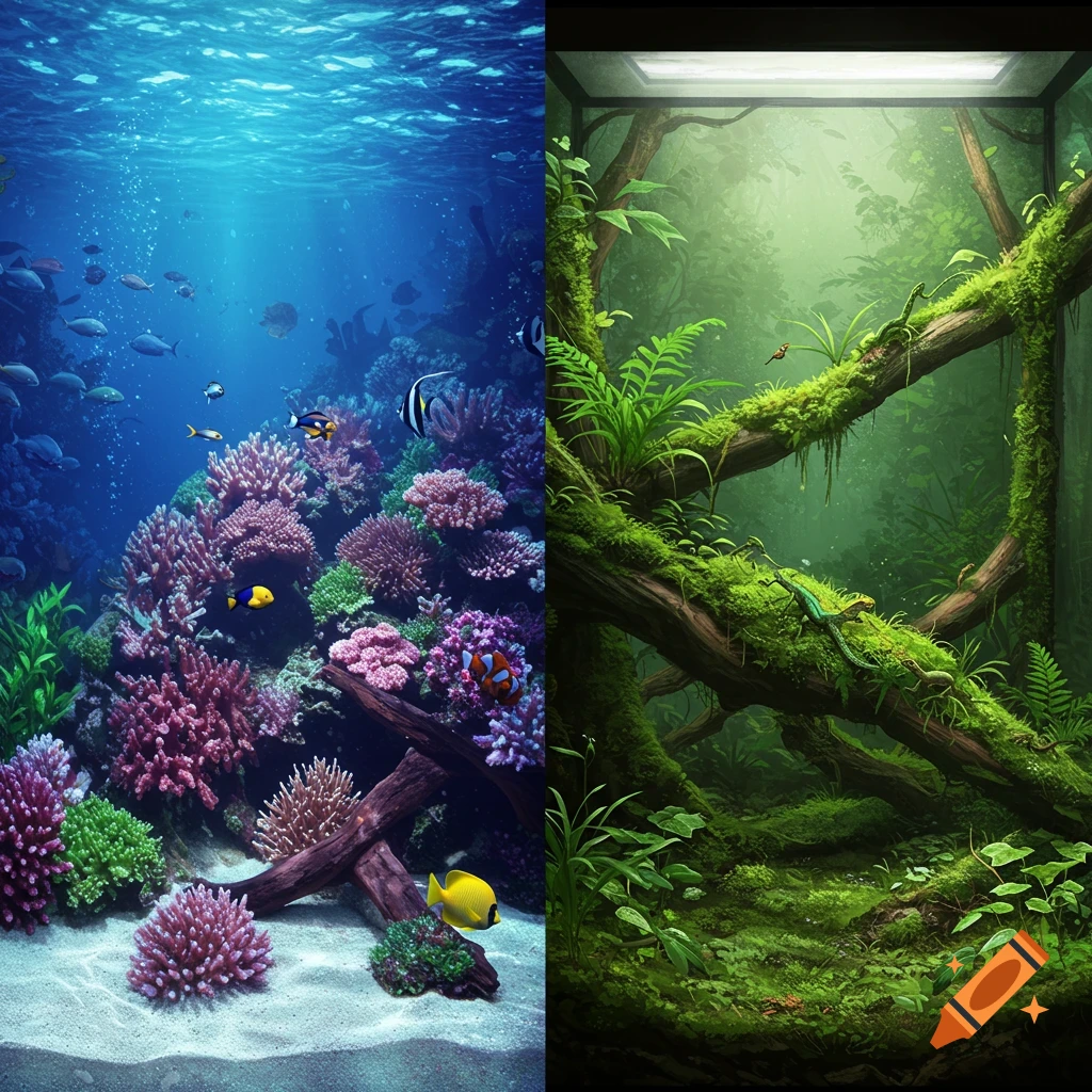 Split image showing a vibrant coral reef aquarium on the left and a mossy jungle terrarium on the right