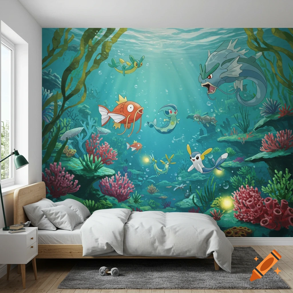 Bedroom with a wall mural featuring various Pokemon characters in an underwater scene.