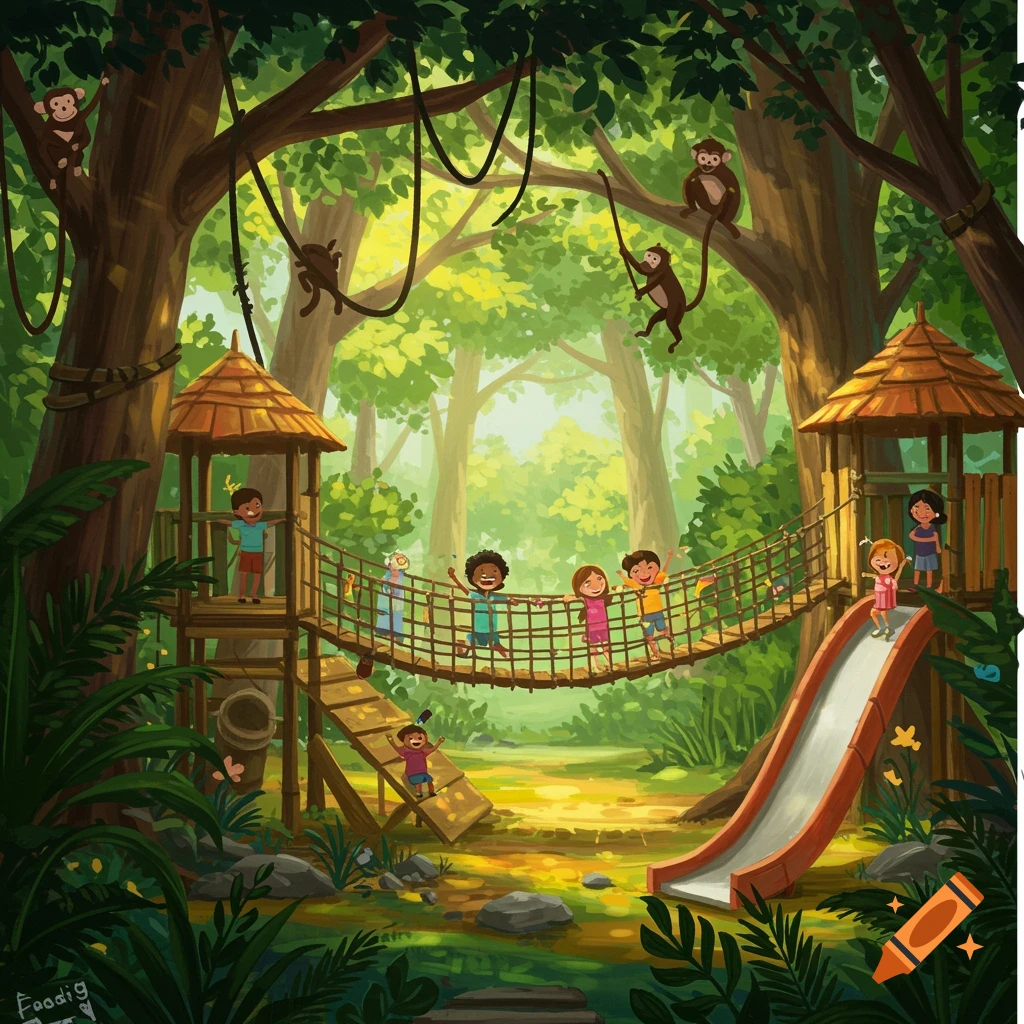 Diverse children playing on a rope bridge and slide in a vibrant jungle playground with monkeys.