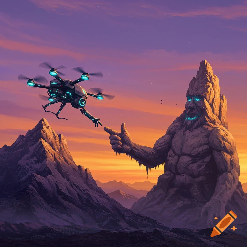 A rock creature shaking hands with a drone in a mountain landscape at sunset.