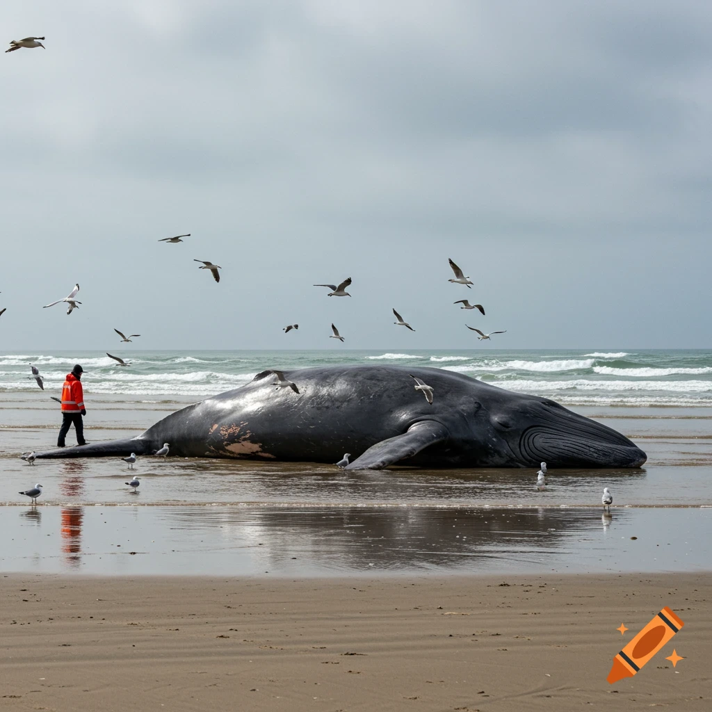A large dead whale lies on a sandy beach with a person standing nearby and seagulls flying around. Photorealistic.