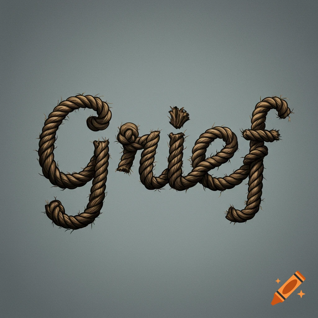 The word Grief rendered as textured rope with a knot on a grey background