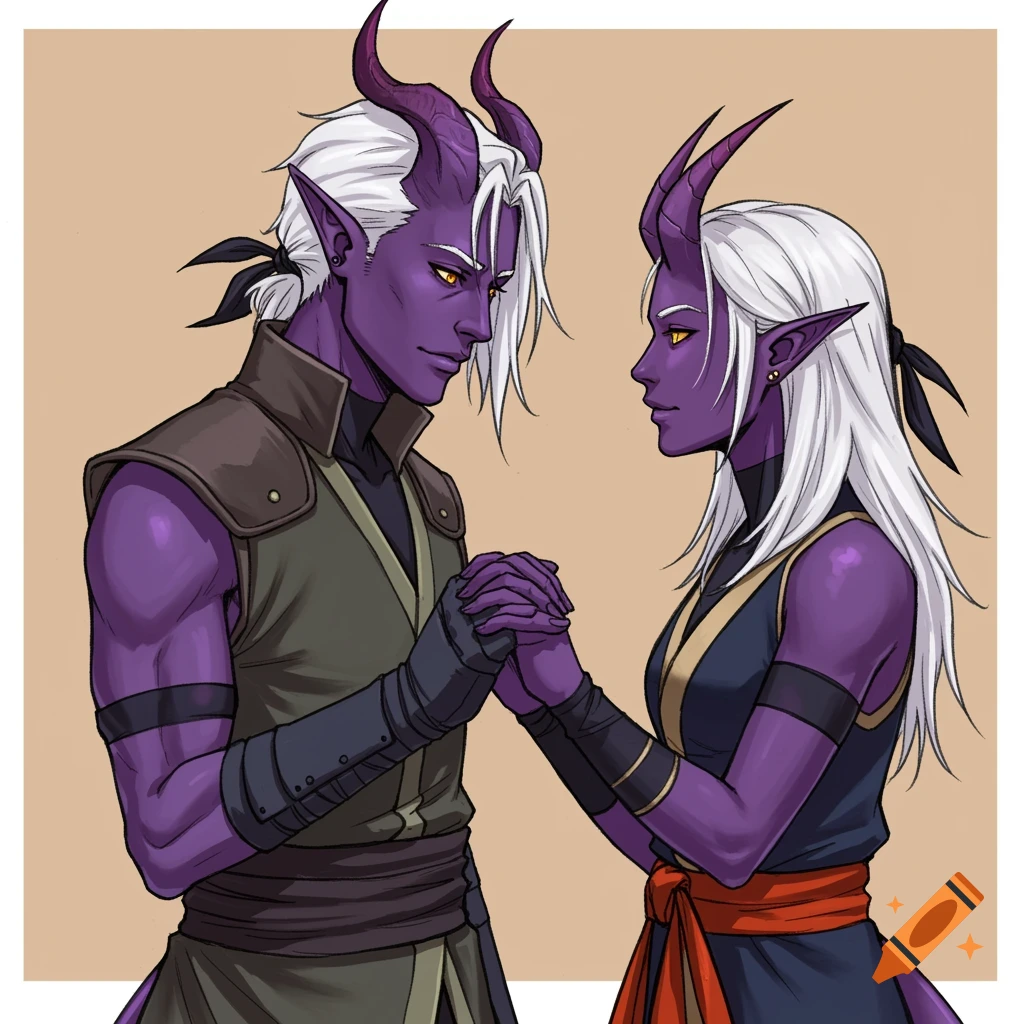 Two purple-skinned, white-haired Tieflings hold hands and gaze at each other, drawn in an anime style.