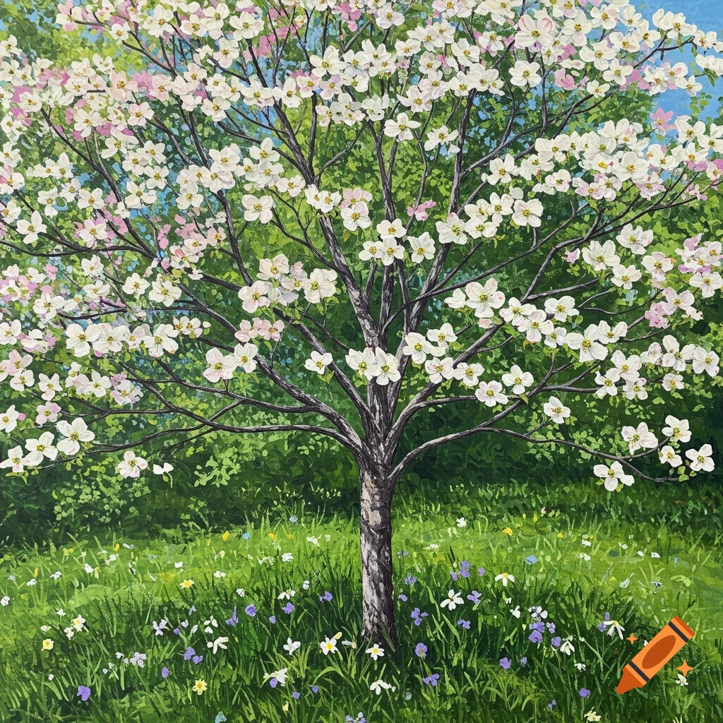 A dogwood tree is blooming in a grassy field.