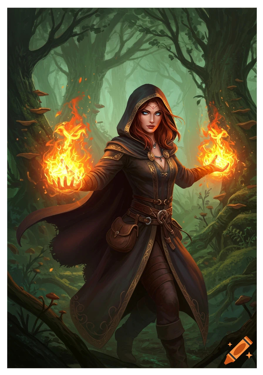 A woman sorceress casts fire from her hands in a dark forest.