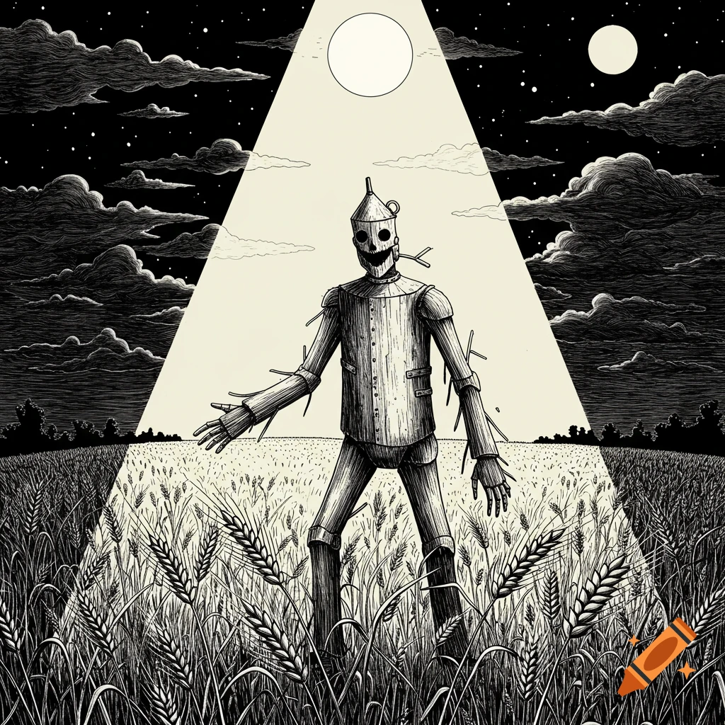 Black and white illustration of a spooky tin-man-like figure standing in a field under a moon spotlight at night.