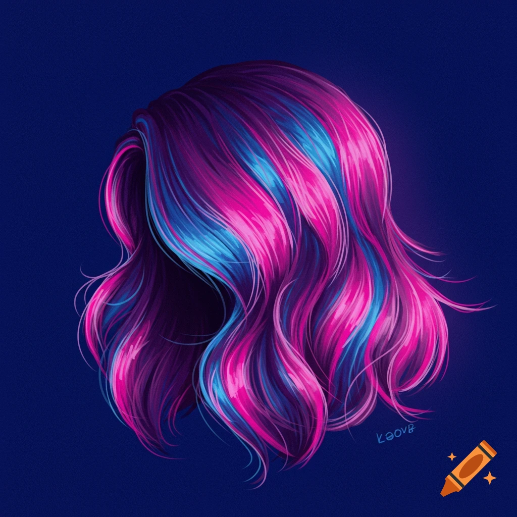 Stylish shoulder length wavy hair with pink and blue highlights.