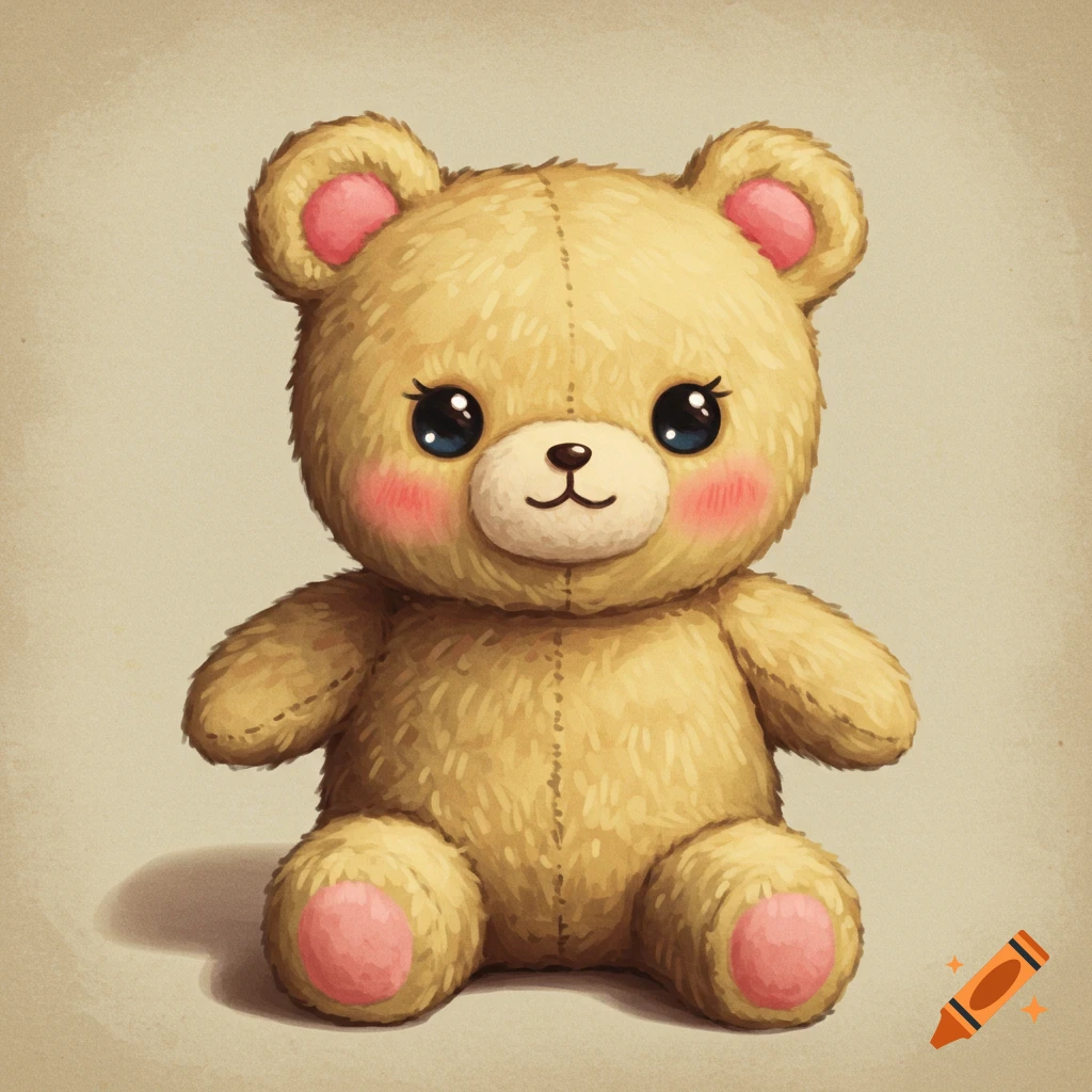 A cute brown teddy bear with big blue eyes and pink cheeks, sitting down.