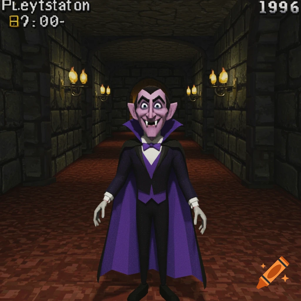 A low-poly, pixelated screenshot from a 1996 PlayStation-style game showing a cartoony Dracula in a castle hallway.