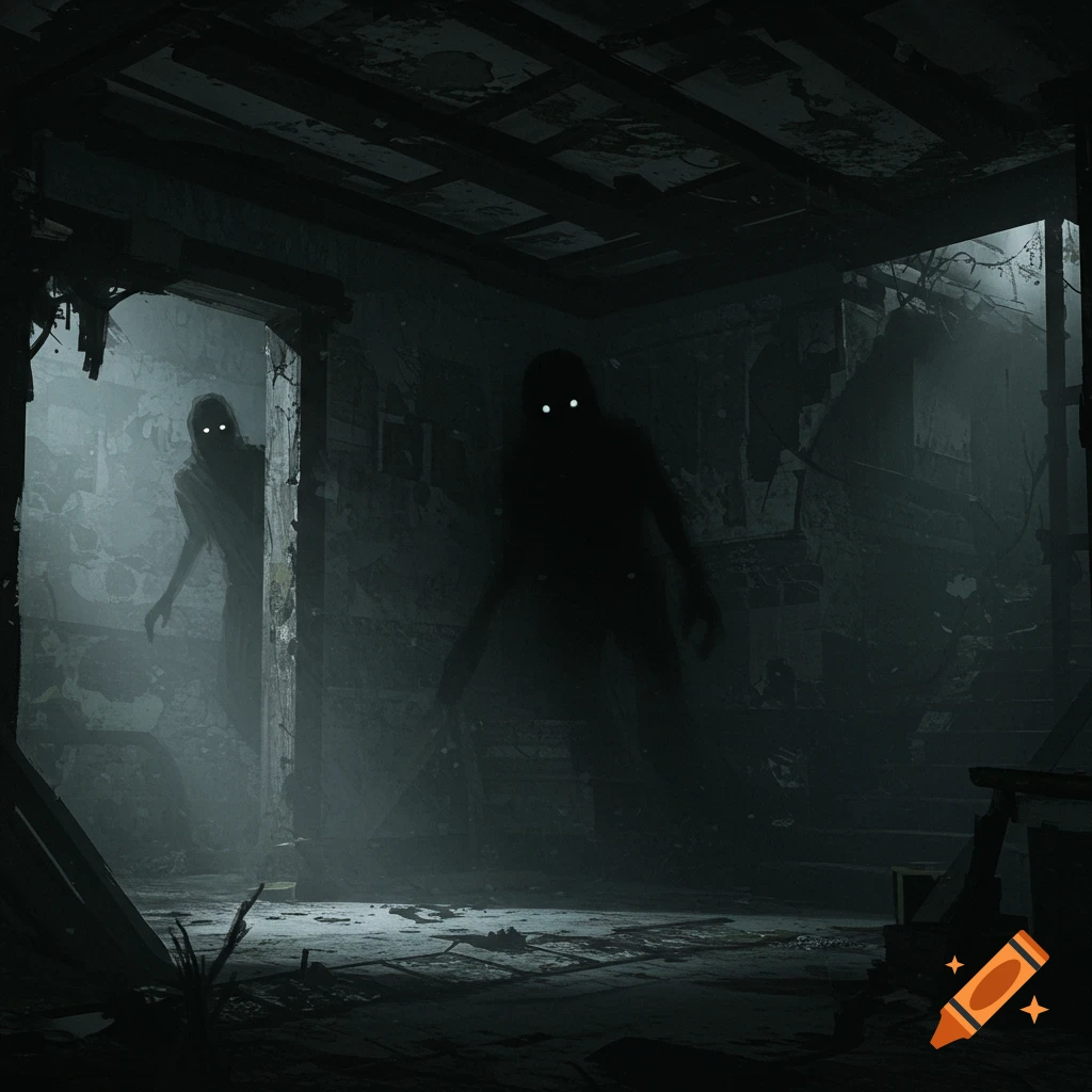 Two shadowy figures with glowing white eyes in a dark, abandoned room.