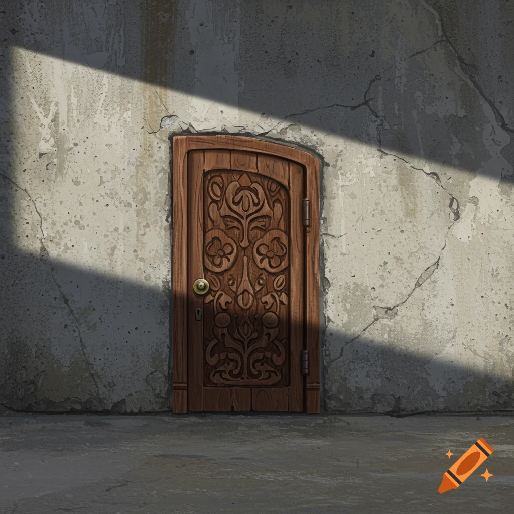 A small, ornate wooden door set into a textured concrete wall with a large shadow.