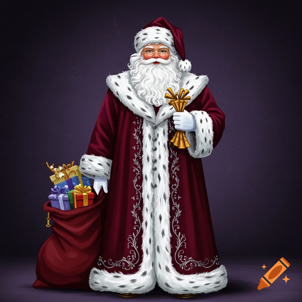 Santa Claus in a burgundy robe with fur trim holds gifts and a golden object.