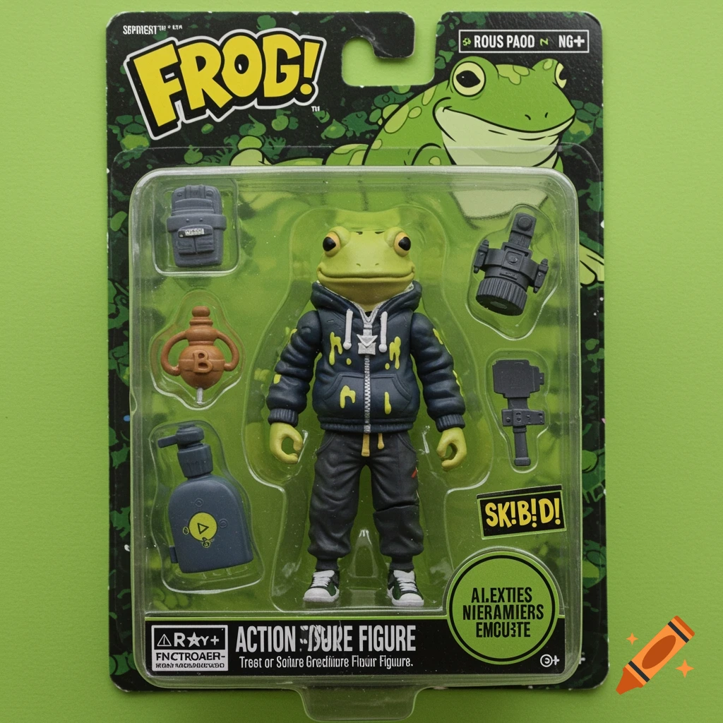 A packaged action figure of a frog wearing a hooded jacket, with accessories.