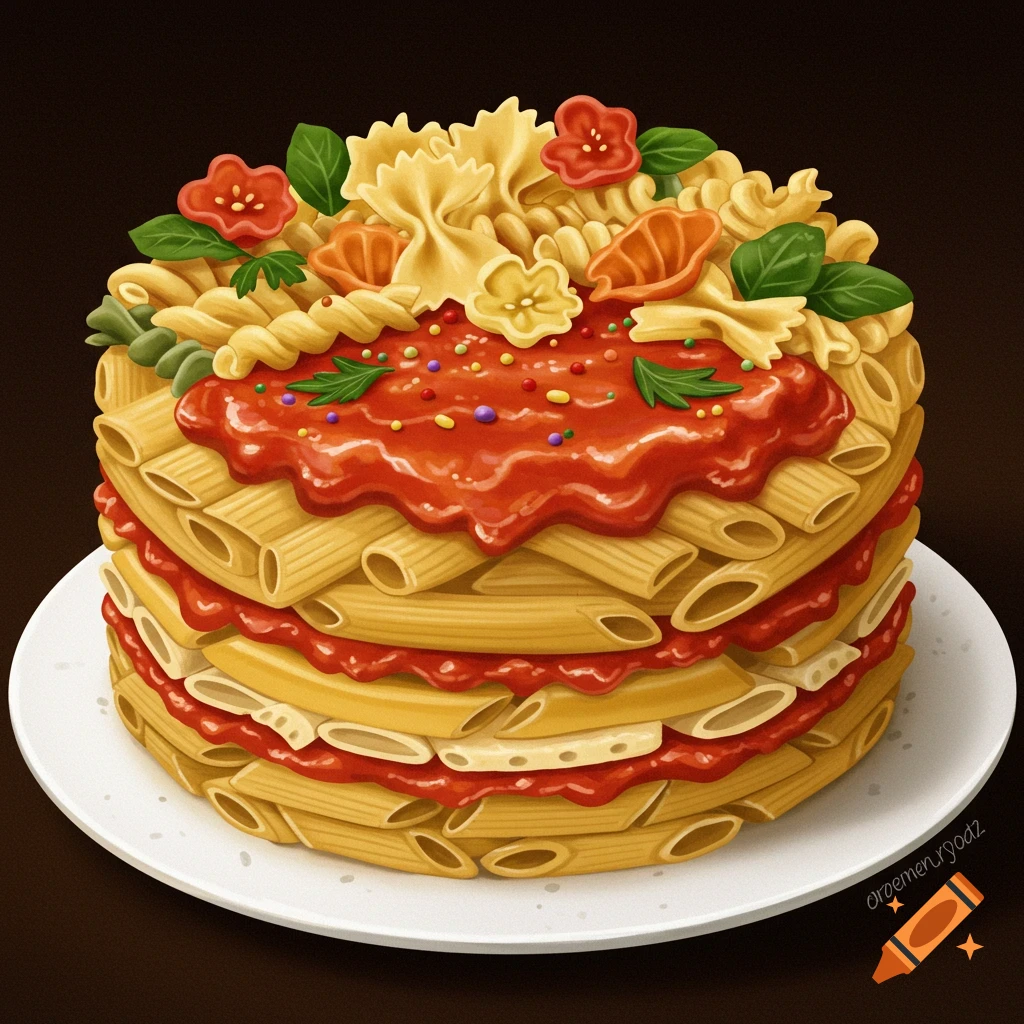 Cake made of pasta, sauce, and sprinkles.