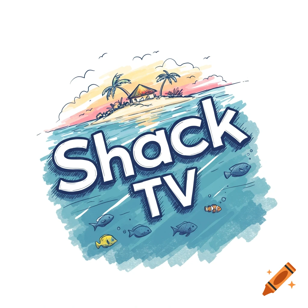 Sketch logo for Shack TV with tropical island and fish