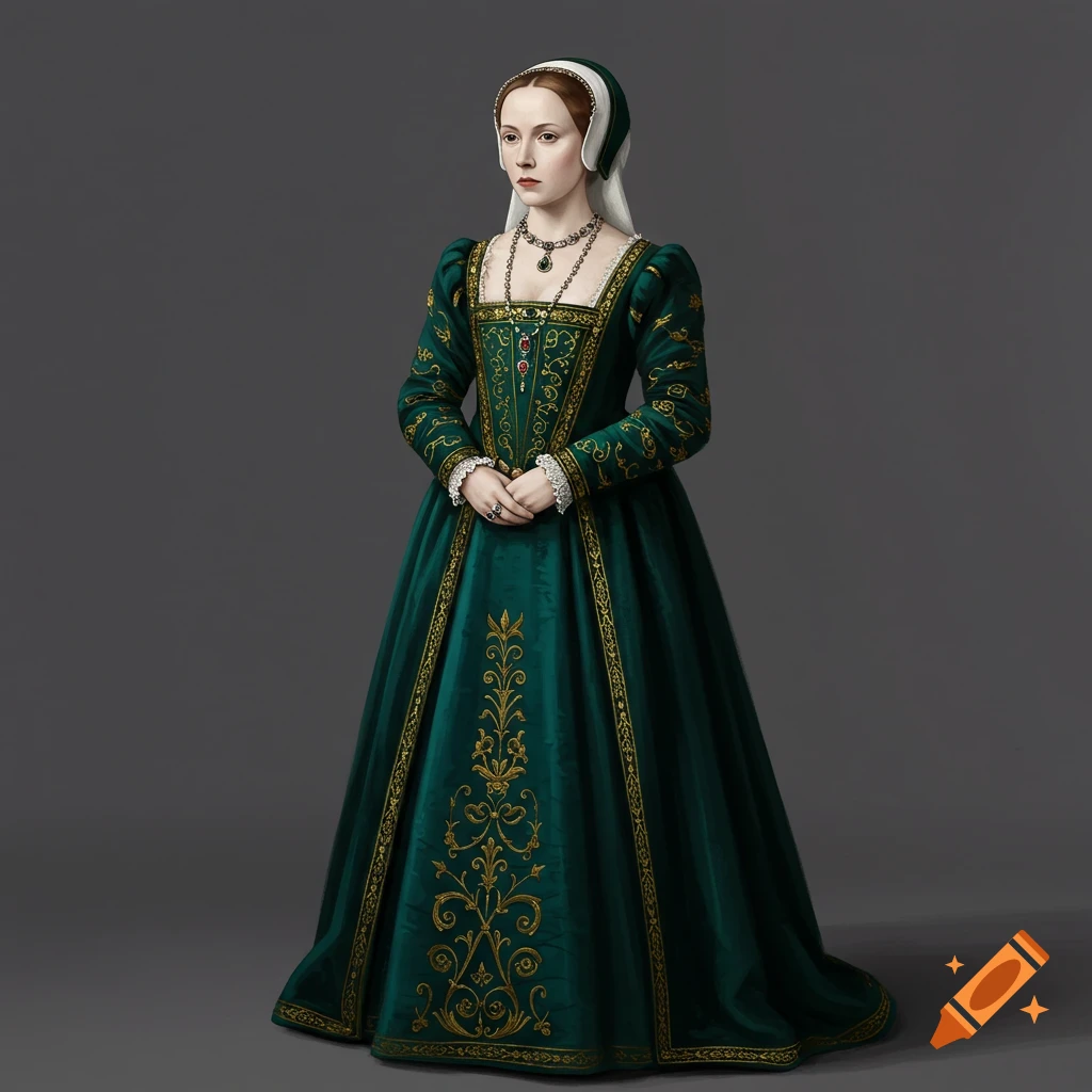 A woman in a green 1530s dress with gold embroidery and white headdress.