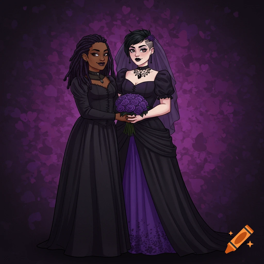 Two women in black gothic wedding dresses hold a purple bouquet in a cartoon style. on Craiyon Two women in black gothic wedding dresses hold a purple bouquet in a cartoon style. on Craiyon