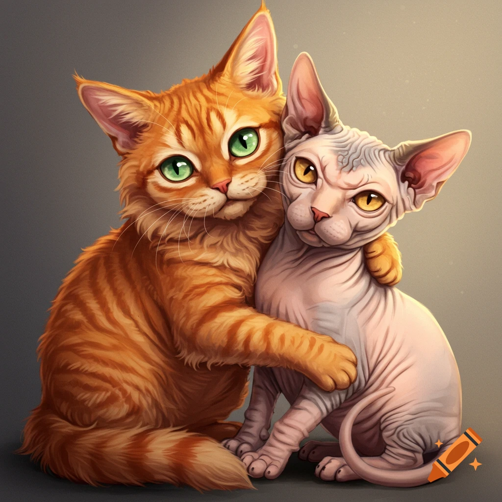 An orange tabby cat hugging a sphinx cat.