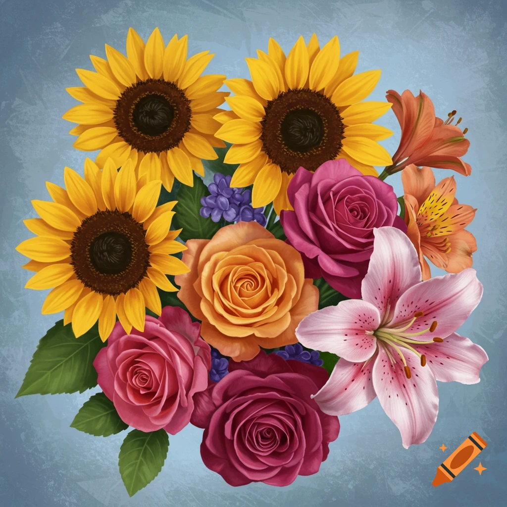 A bouquet of sunflowers, roses, lily, and other flowers against a blue background.