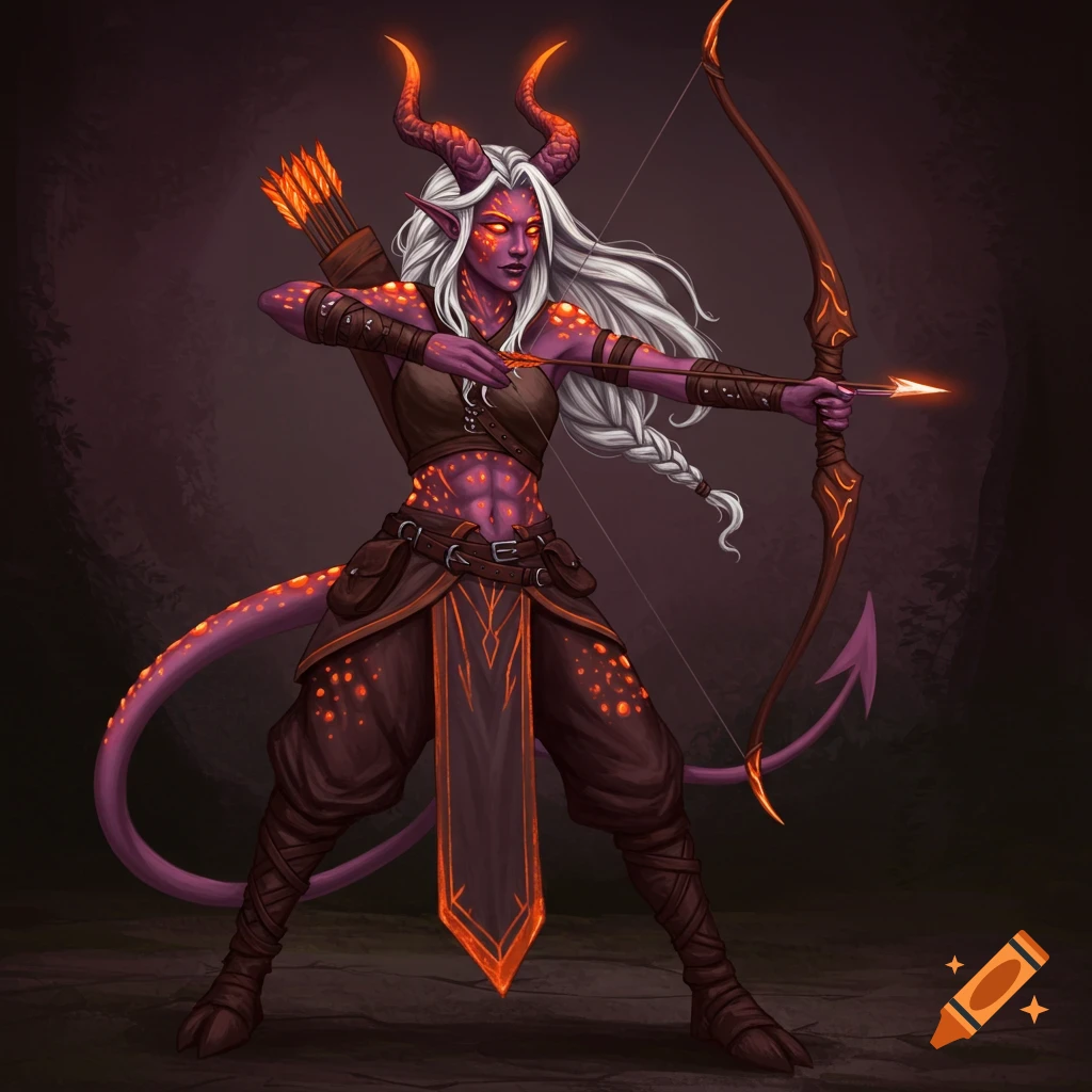 A purple-skinned tiefling with glowing spots and horns is shooting a bow and arrow.