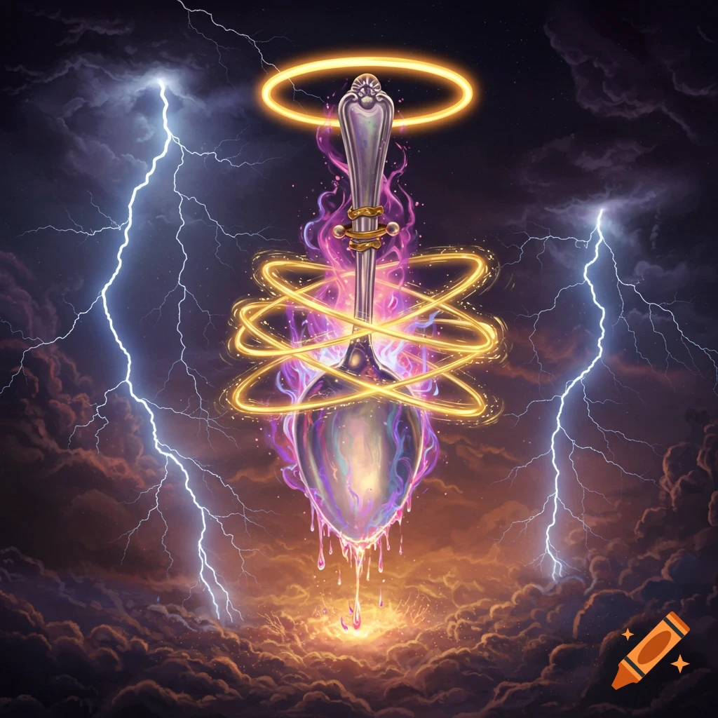 A floating spoon wrapped in golden rings and purple magic, with a halo and lightning in a stormy sky