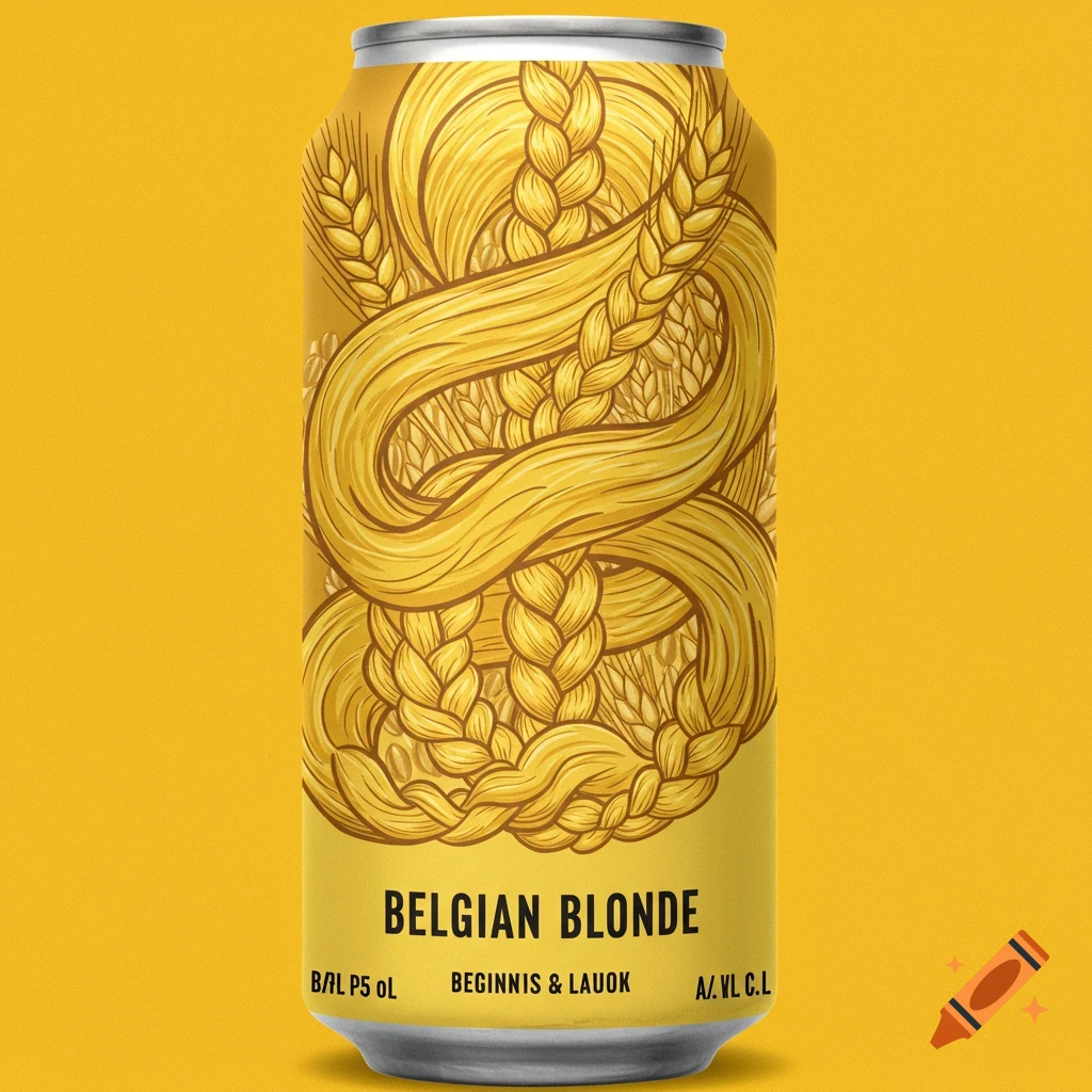 Beer can with label design of barley turning into blonde hair braids on a yellow background.