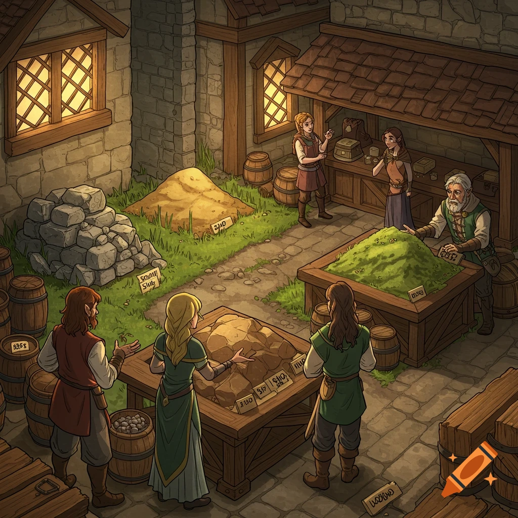 A fantasy market scene with people selling stone, sand, and green material in a courtyard.