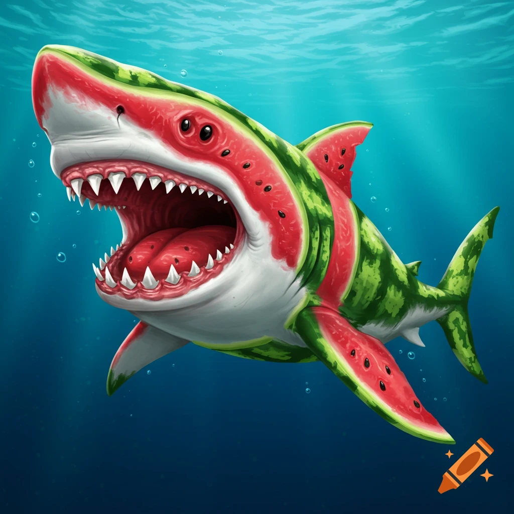 A shark-watermelon hybrid swims underwater with its mouth wide open, showing rows of teeth and watermelon flesh inside.