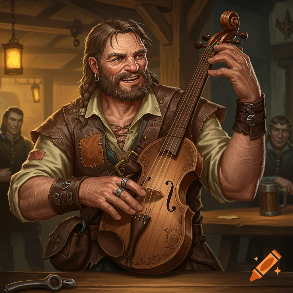 A rugged man with a beard plays a fiddle in a dim tavern.