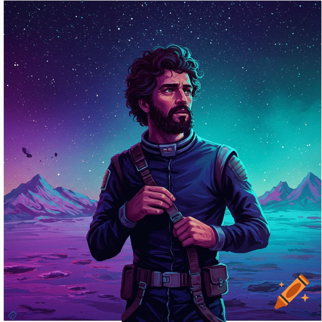 A man in a space suit on an alien planet looking up at a starry sky.
