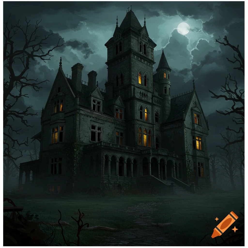 A dark gothic manor house at night under a full moon.