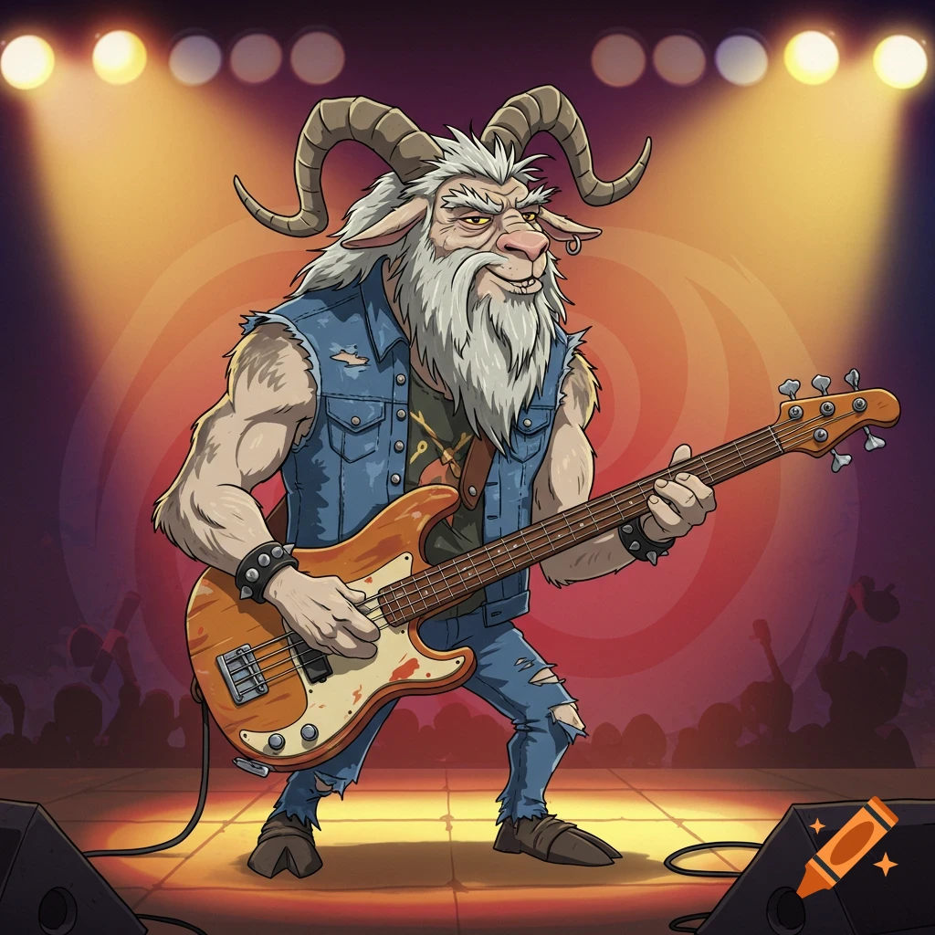 Cartoon anthropomorphic goat playing bass guitar on a concert stage.