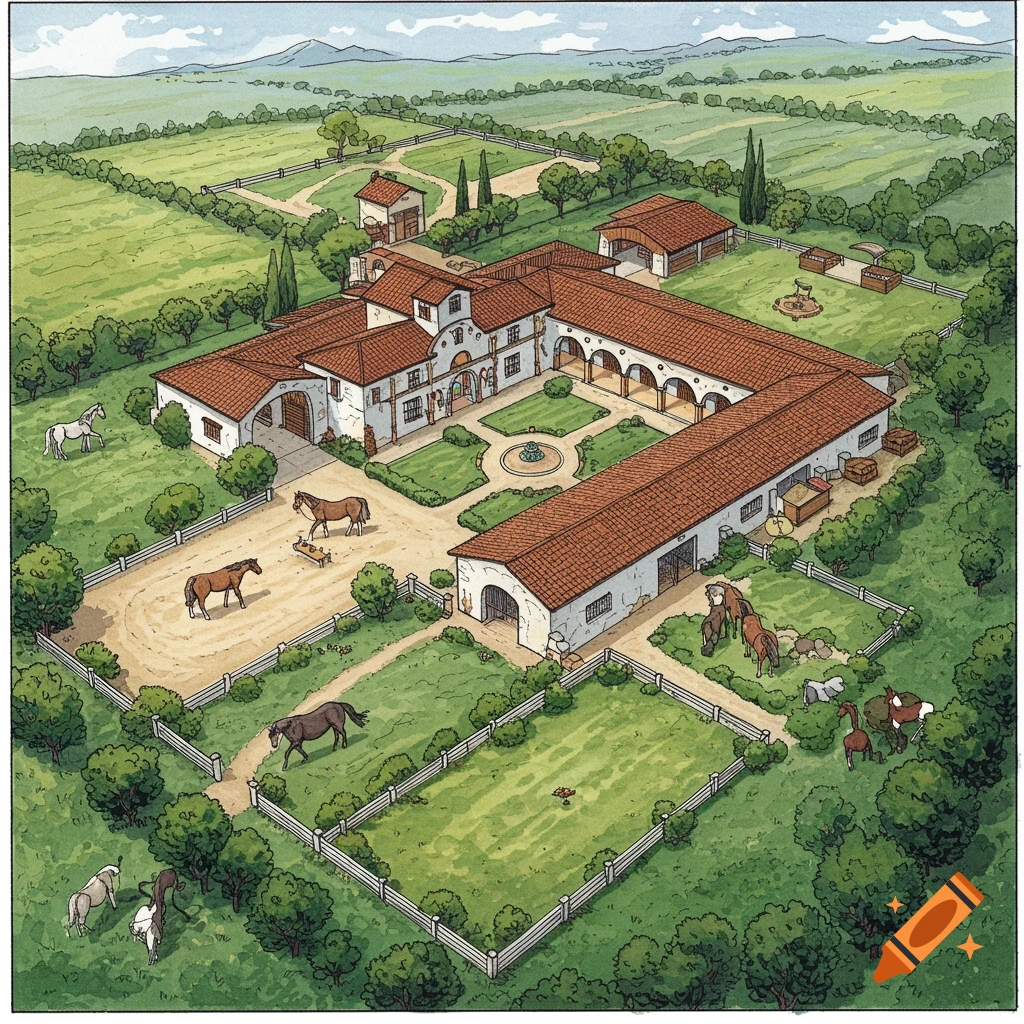 A detailed bird's-eye view illustration of a hacienda-style farm with horses in fields and a courtyard.