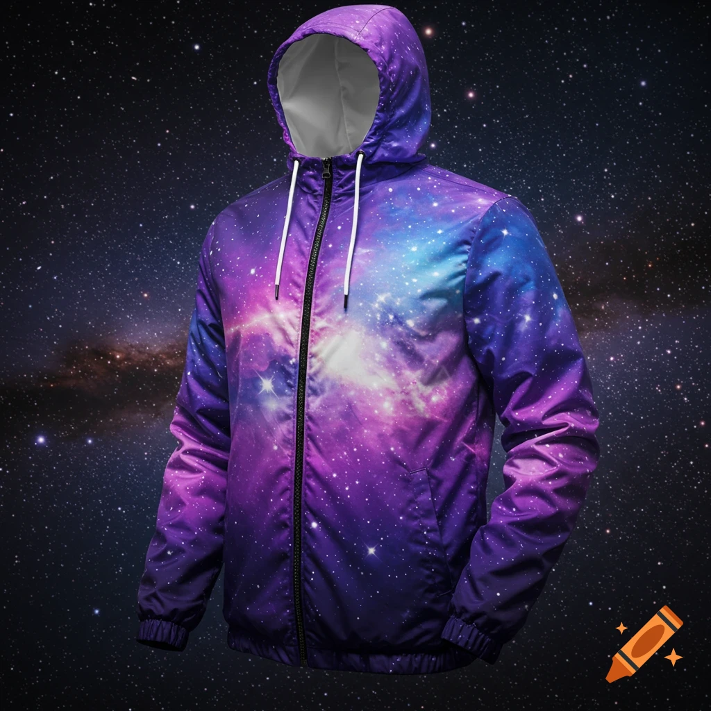 A windbreaker jacket with a purple and blue galaxy design against a starry background.