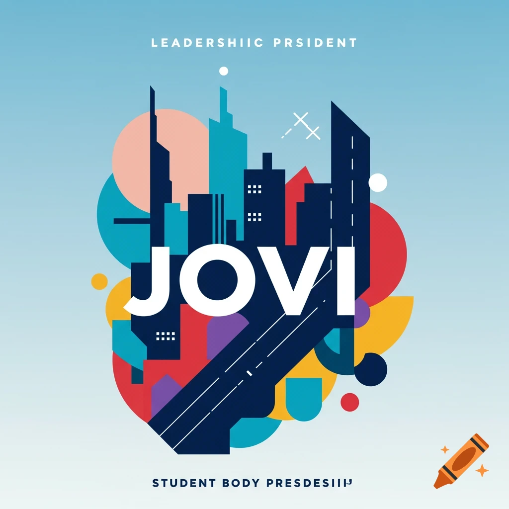 Student body president campaign poster for Jovi with abstract geometric cityscape design