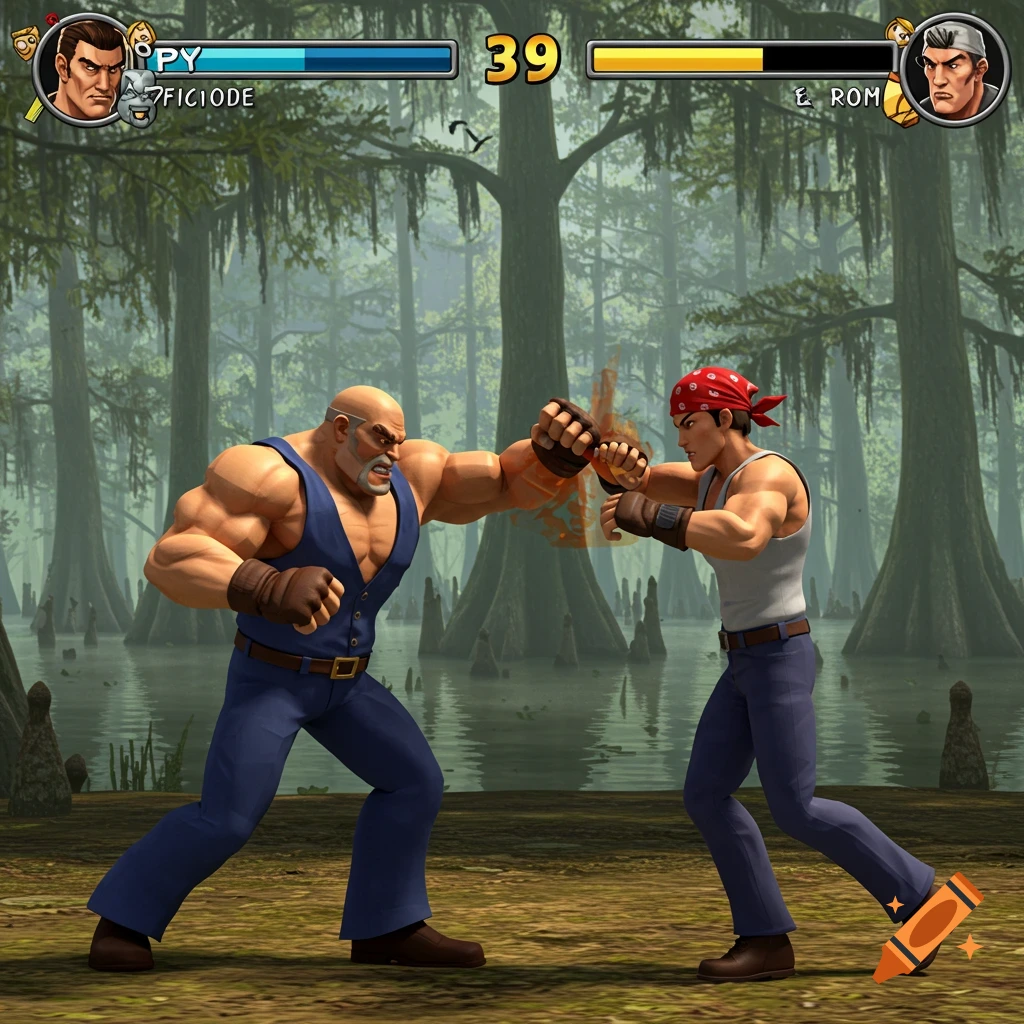 Two stylized fighters in a 3D fighting game interface set in a Louisiana bayou.