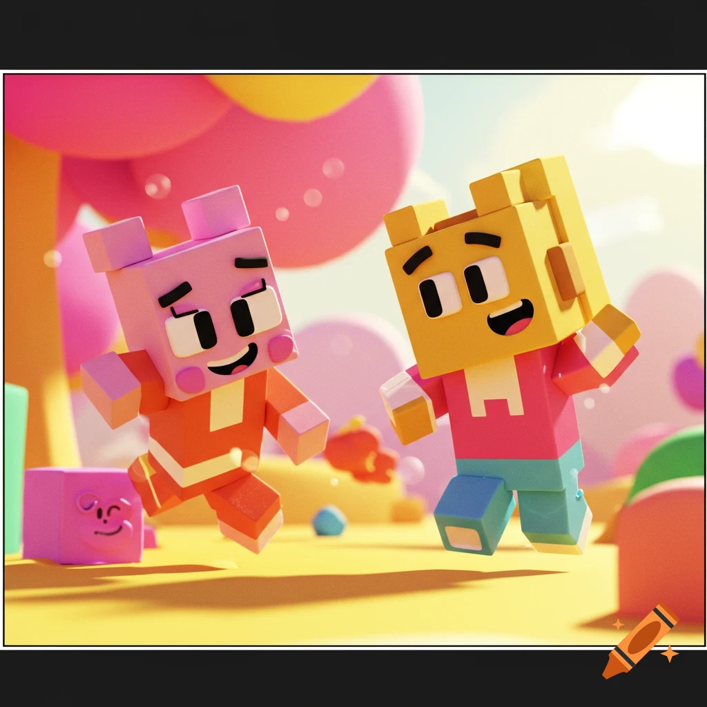 Two colorful block characters run and jump in a bright, stylized world.