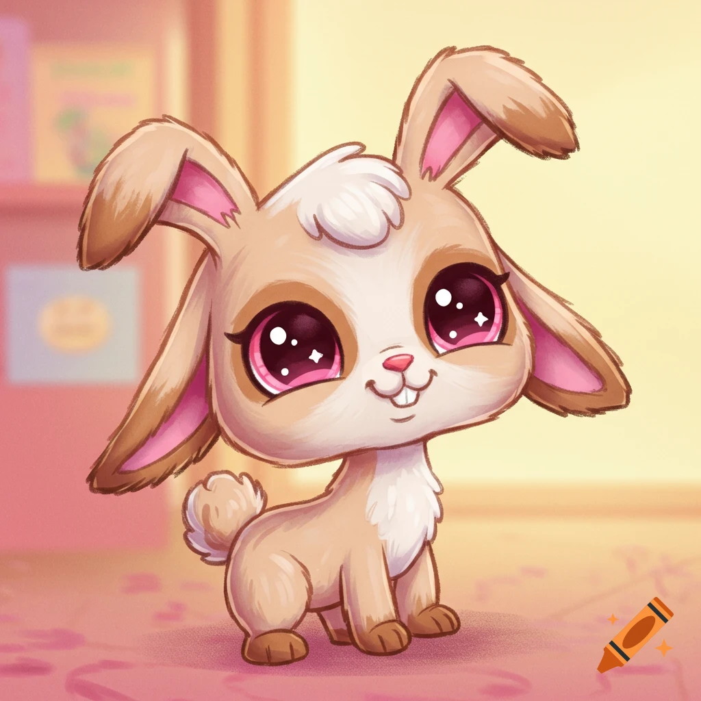 A cartoon drawing of a cute rabbit with large eyes, in the style of Littlest Pet Shop.