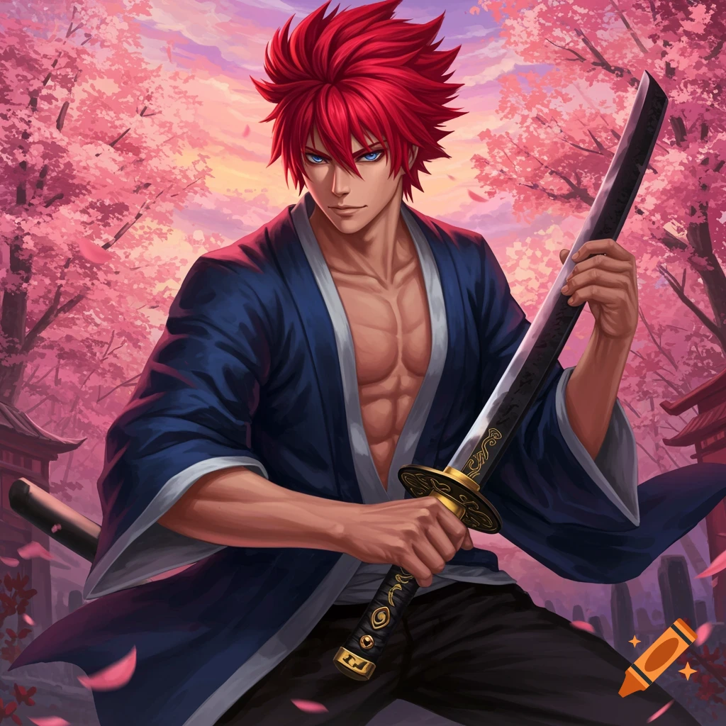 Anime male with red hair, blue eyes, and muscular physique, holding a katana under cherry blossoms.