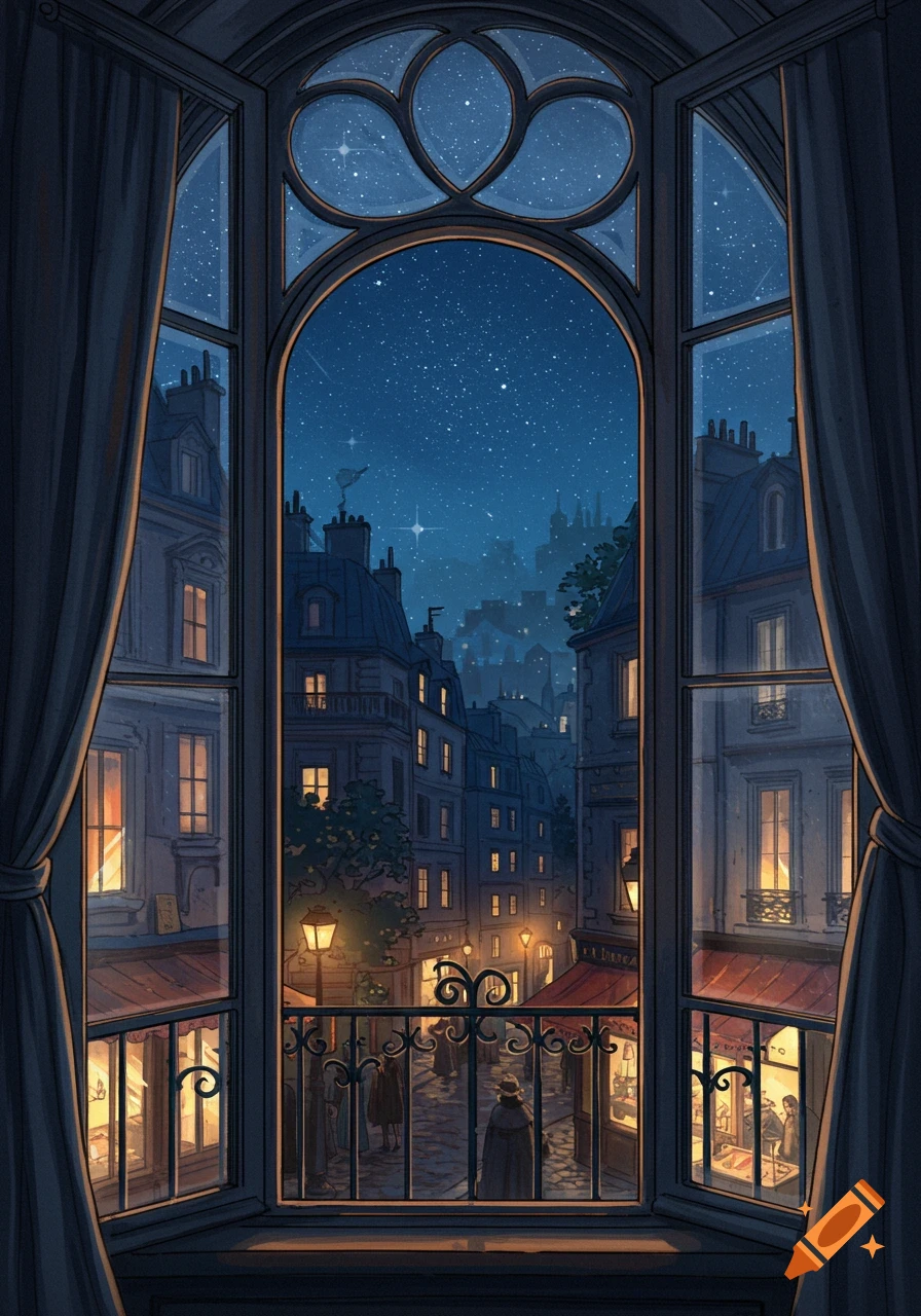 Illustration of a Parisian street at night viewed through an elegant window. Buildings, streetlights, and a starry sky are visible.