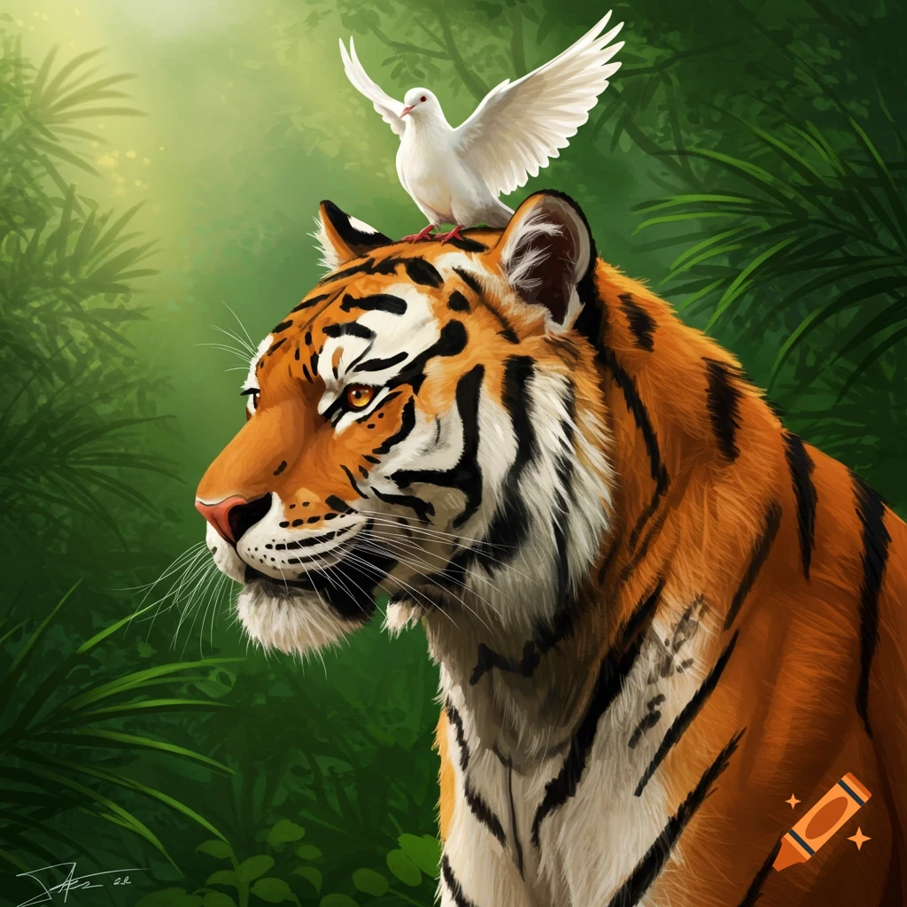 A tiger with a dove on its head in a lush jungle.