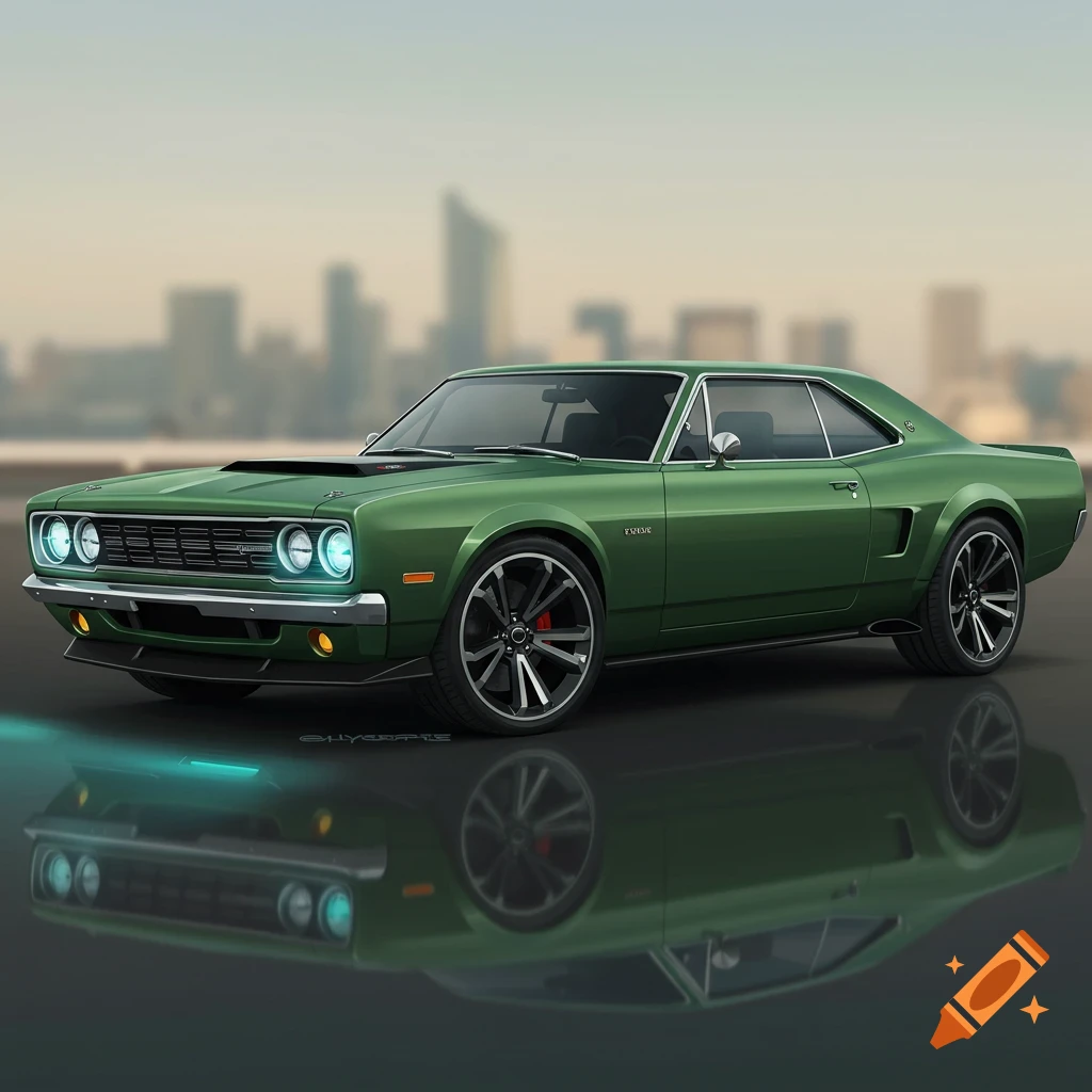 A green classic muscle car with a city skyline background and reflection.