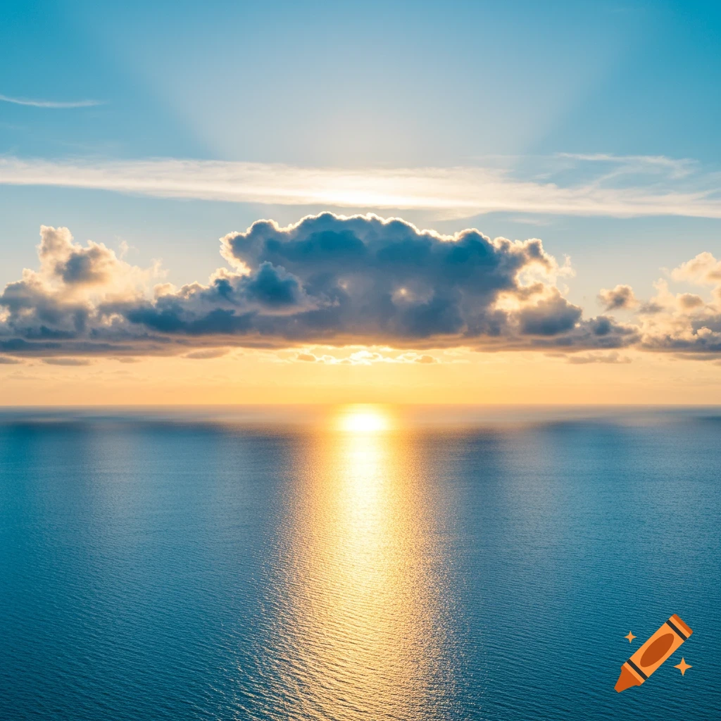 A beautiful sunset over the ocean with clouds and sun rays