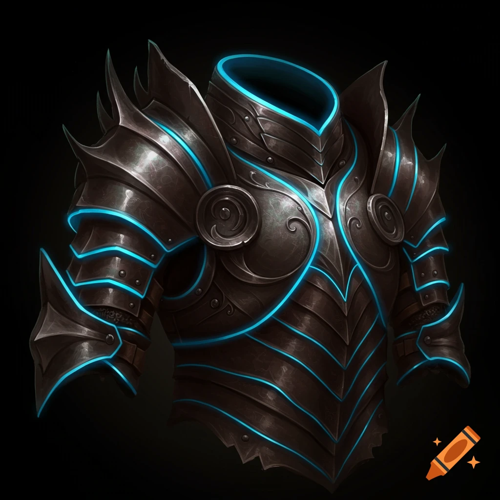 Dark fantasy full plate armor with glowing blue lines.