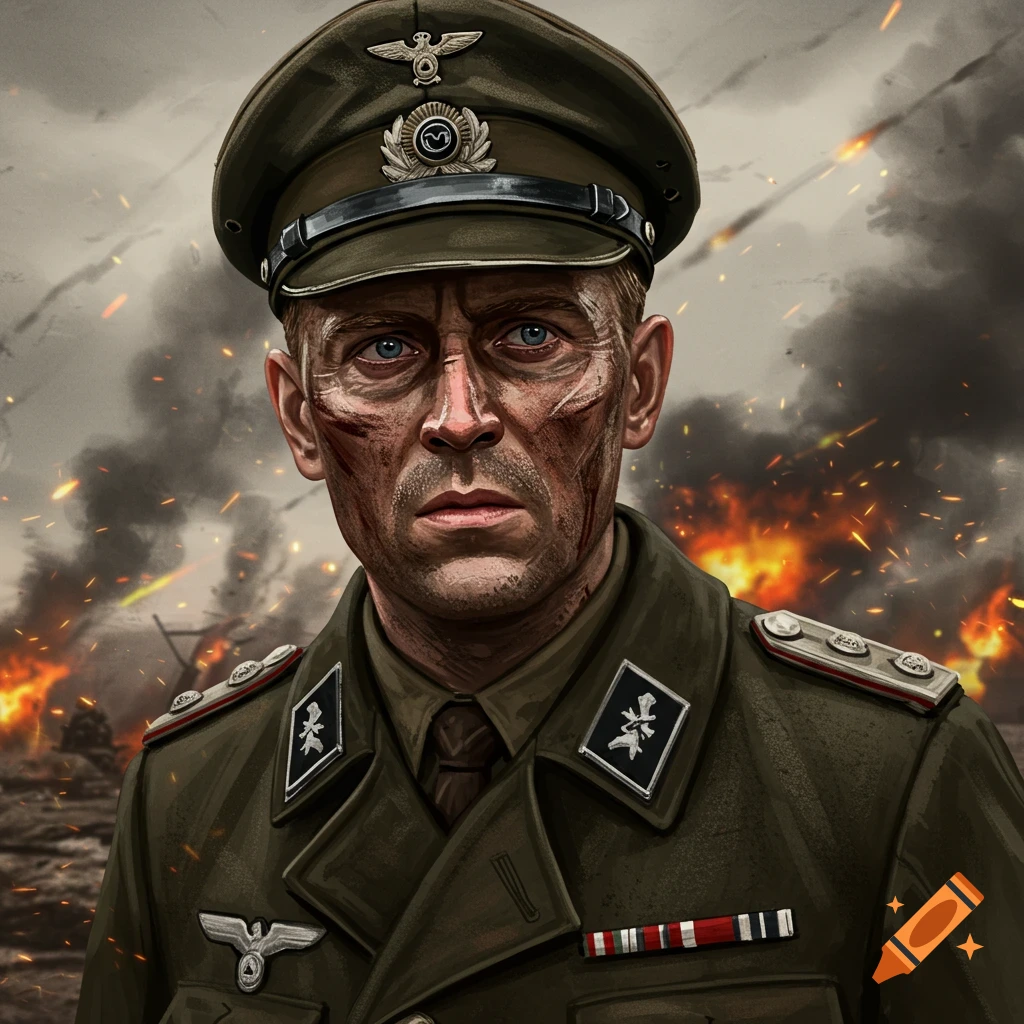 A WWII military commander stands in a battlefield amidst fire and smoke.