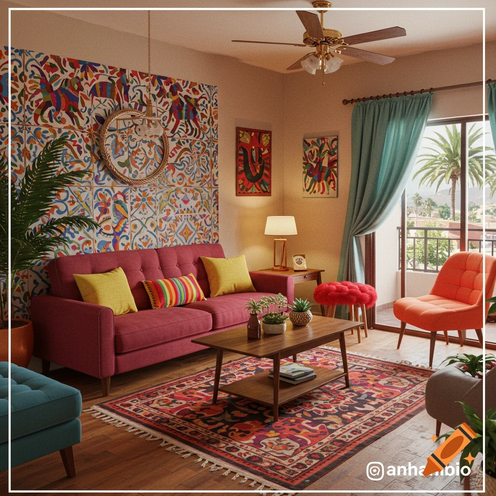 Vibrant living room with colorful patterned wall, pink sofa, patterned rug, and orange chair.