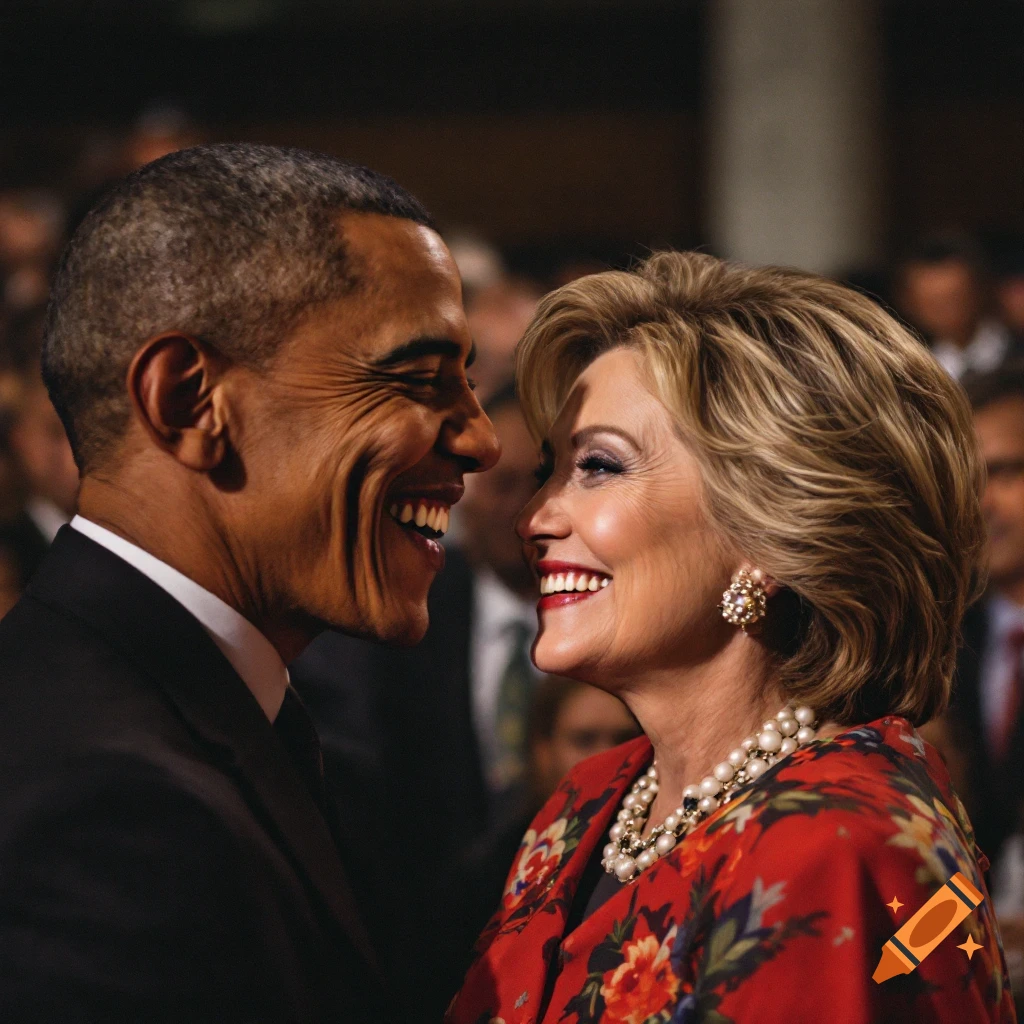 Barack Obama and Hillary Clinton smiling at each other in a crowd.